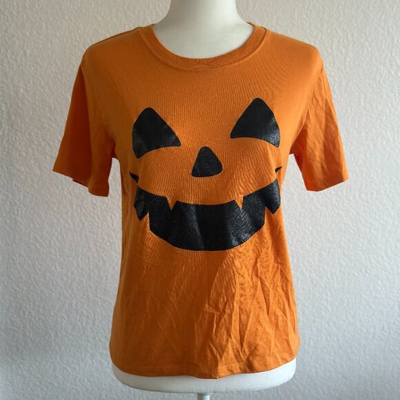 Zoe+Liv Jack O'Lantern Glitter Face Halloween T-Shirt Orange - Medium - Picture 1 of 5
